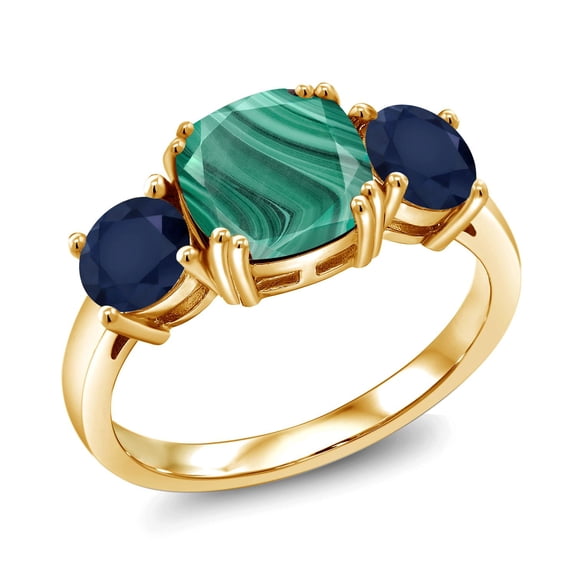 Gem Stone King 18K Yellow Gold Plated Silver Green Malachite and Blue Sapphire 3 Stone Engagement Ring for Women (4.20 Cttw, Gemstone, Cushion 8MM, Size 6)