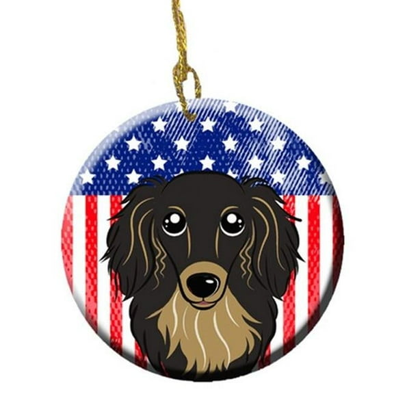 American Flag and Longhair Black and Tan Dachshund Ceramic Ornament