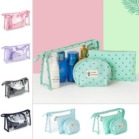 3 in 1 Clear Cosmetic Makeup Bags Kit Set, Portable Transparent PVC Vinyl Small Toiletry Travel Wash Bag Organizer Storage Pouch with Zipper Pink