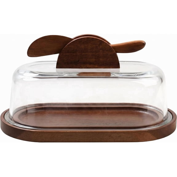 Wood Base Glass Cover Butter Dish with Wooden Spreader Knife, Airtight Butter Storage Container for Standard Butter Sticks, Refrigerator & Countertop Kitchen Cheese Serving Dish