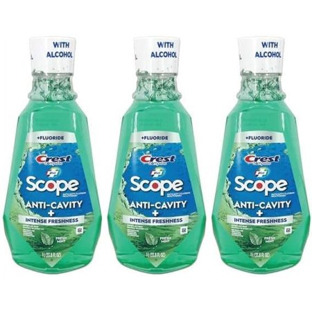 Crest Scope Anti-Cavity+ Mouthwash with Alcohol, Fresh Mint, 1 Liter (3-Pack)