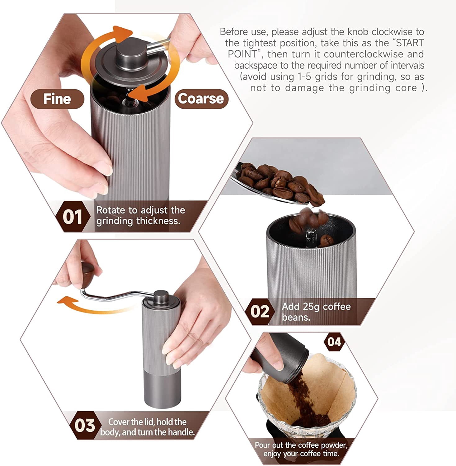 Burr Coffee Grinder Manual,Travel Coffee Bean Grinder with CNC Stainless Steel Conical Burr,Hand Held Adjustable Setting 20g,Portable Mill Faster Grinding Efficiency Espresso to Coarse