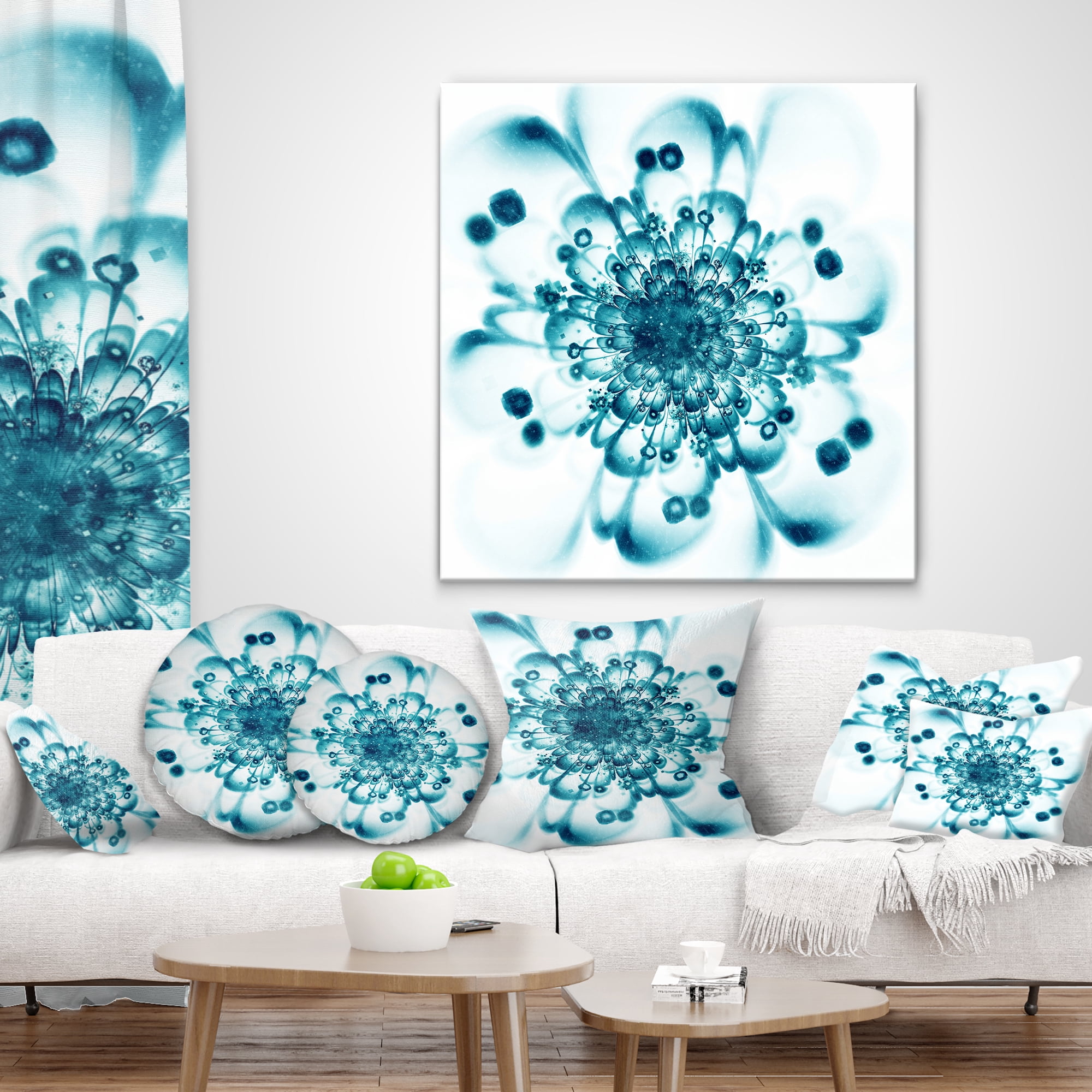 Designart Typical Blue Snowy Fractal Flower - Floral Throw Pillow - 12x20