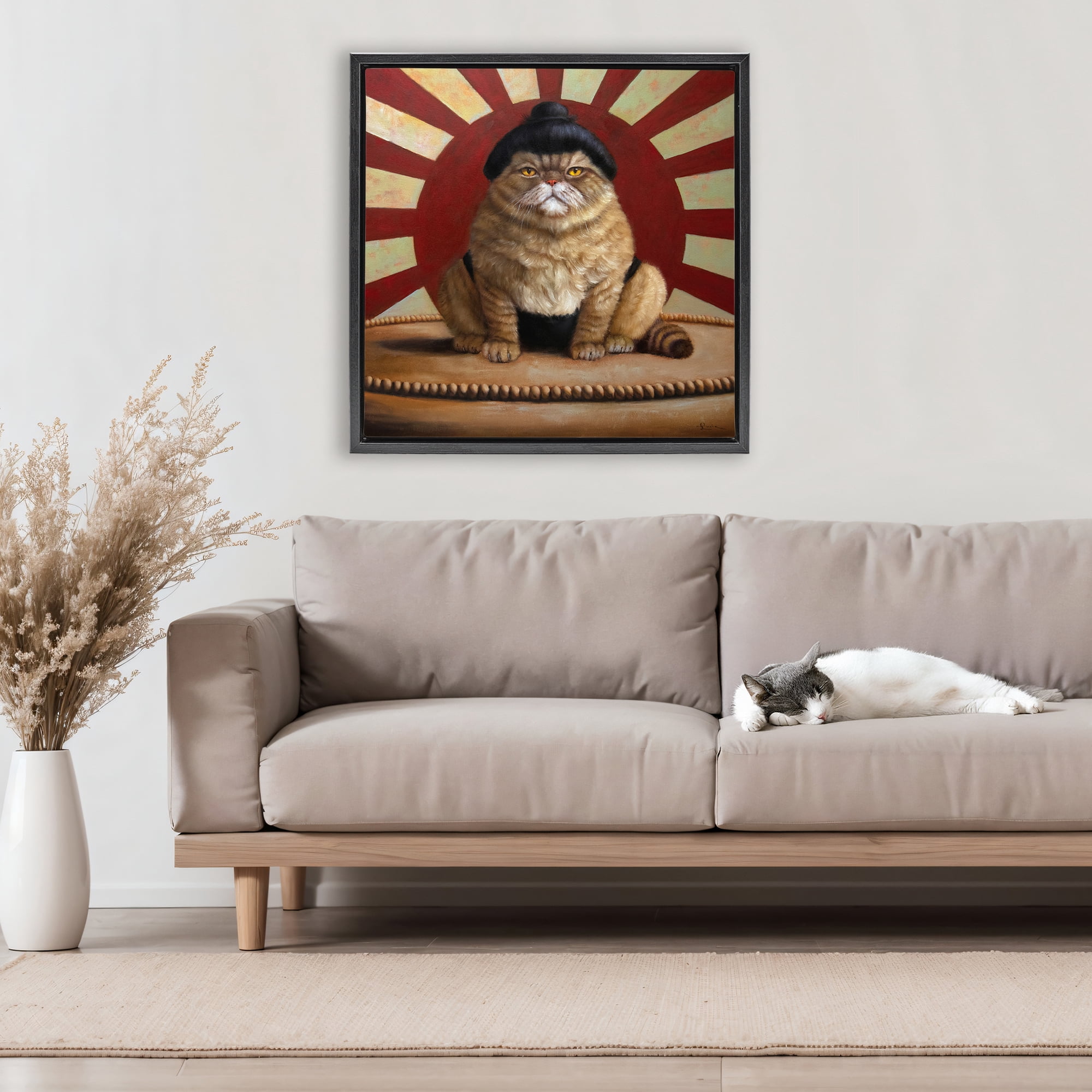 Stupell Industries Sumo Cat with Sun Rays Black Framed Floater Canvas Wall Art, design by Lucia Heffernan