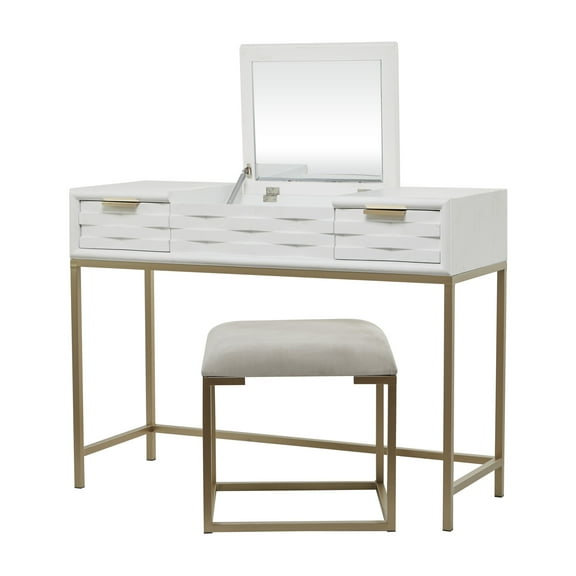 DecMode 42" x 31" White Wood Vanity with Stool with Hidden Mirror, 2-Pieces