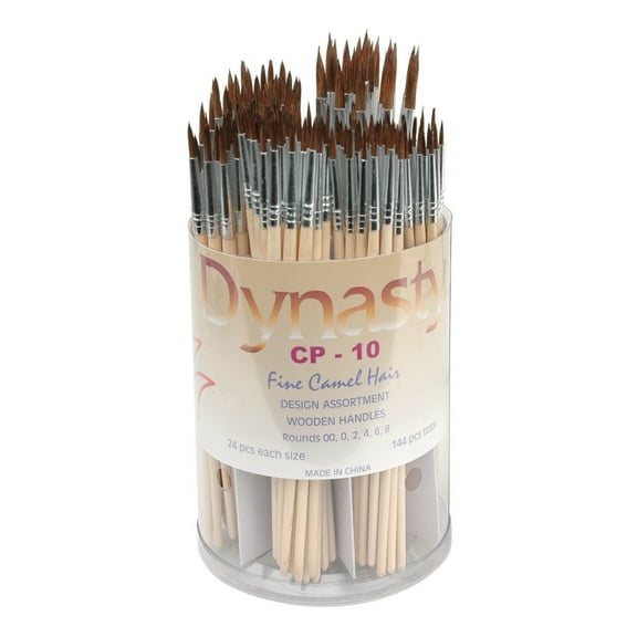 Dynasty CP-10 Fine Round Camel Hair Wood Handle Paint Brush Assortment, Assorted Size, Tan, Set of 144