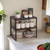 Set of 2 Expandable Metal Spice Racks, Stackable Shelf Organizers for Cabinet or Countertop, 22 lb Capacity, Brown