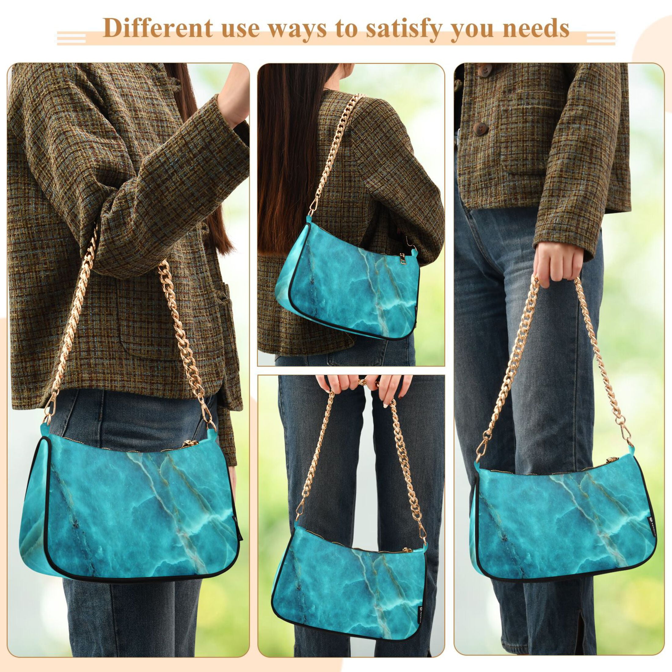 Teal Green Marble Texture Womens Chain Shoulder Bag Tote Handbag Clutch Hobo Purse with Zipper for Travel Casual
