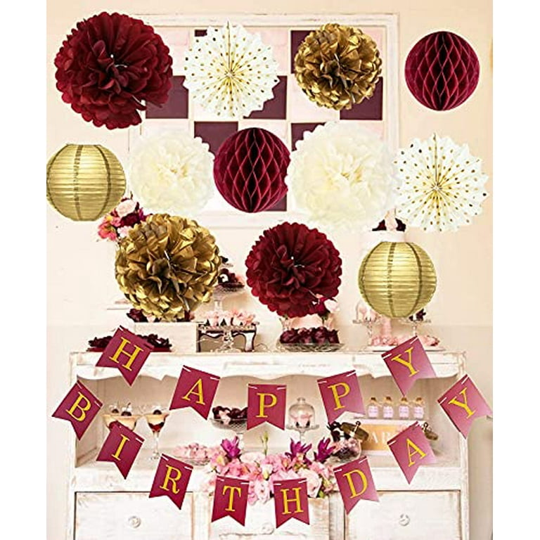 Burgundy and Gold Party Decorations for Women Happy Birthday Banner, Tissue  Pom Poms and Polka Dot Fans Birthday Party Supplies 