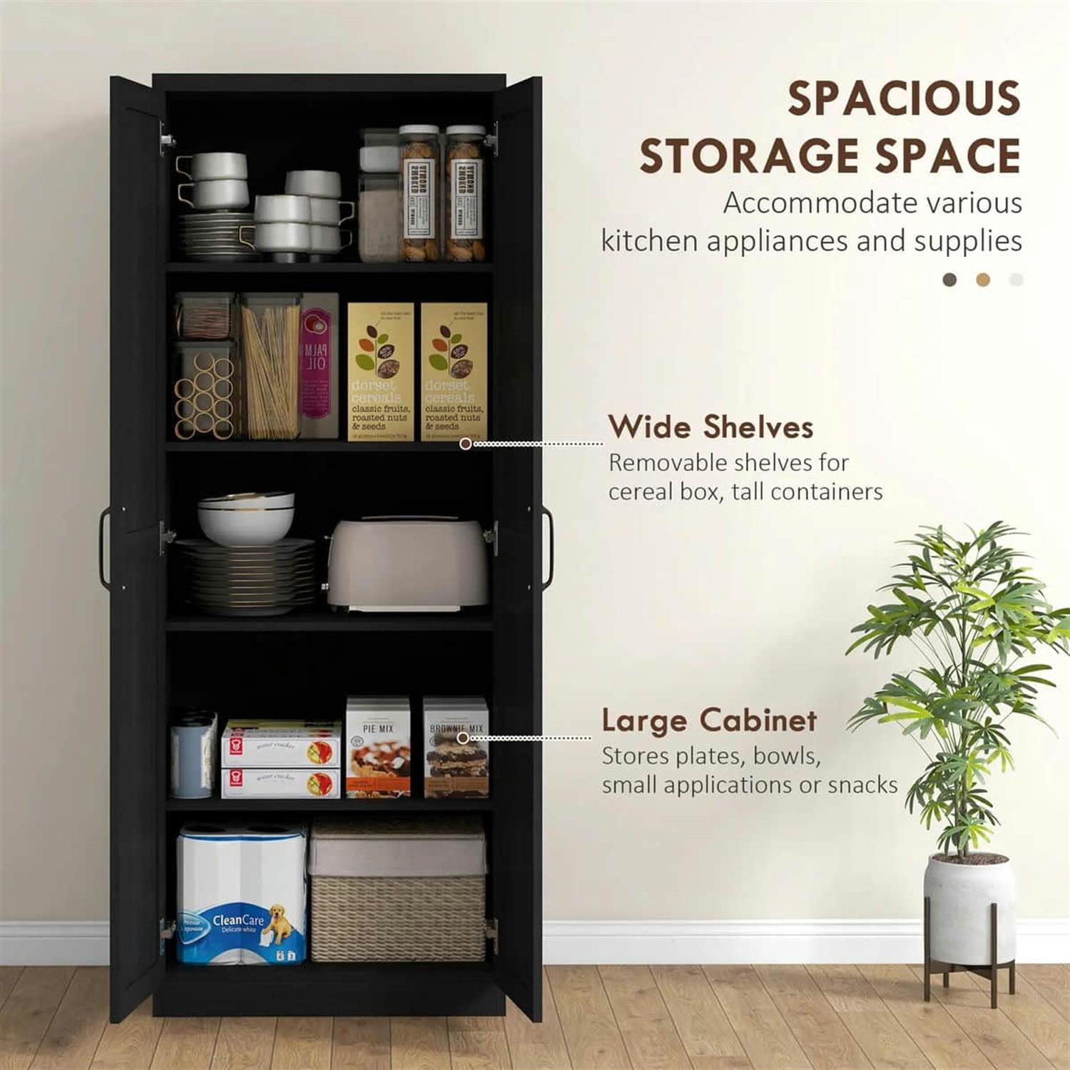Demi Bonn 62" Large 2-Door Pantry Cabinet, Freestanding Storage Unit with 2 Adjustable Shelves for Dining Room, Spacious Kitchen Organization, Black