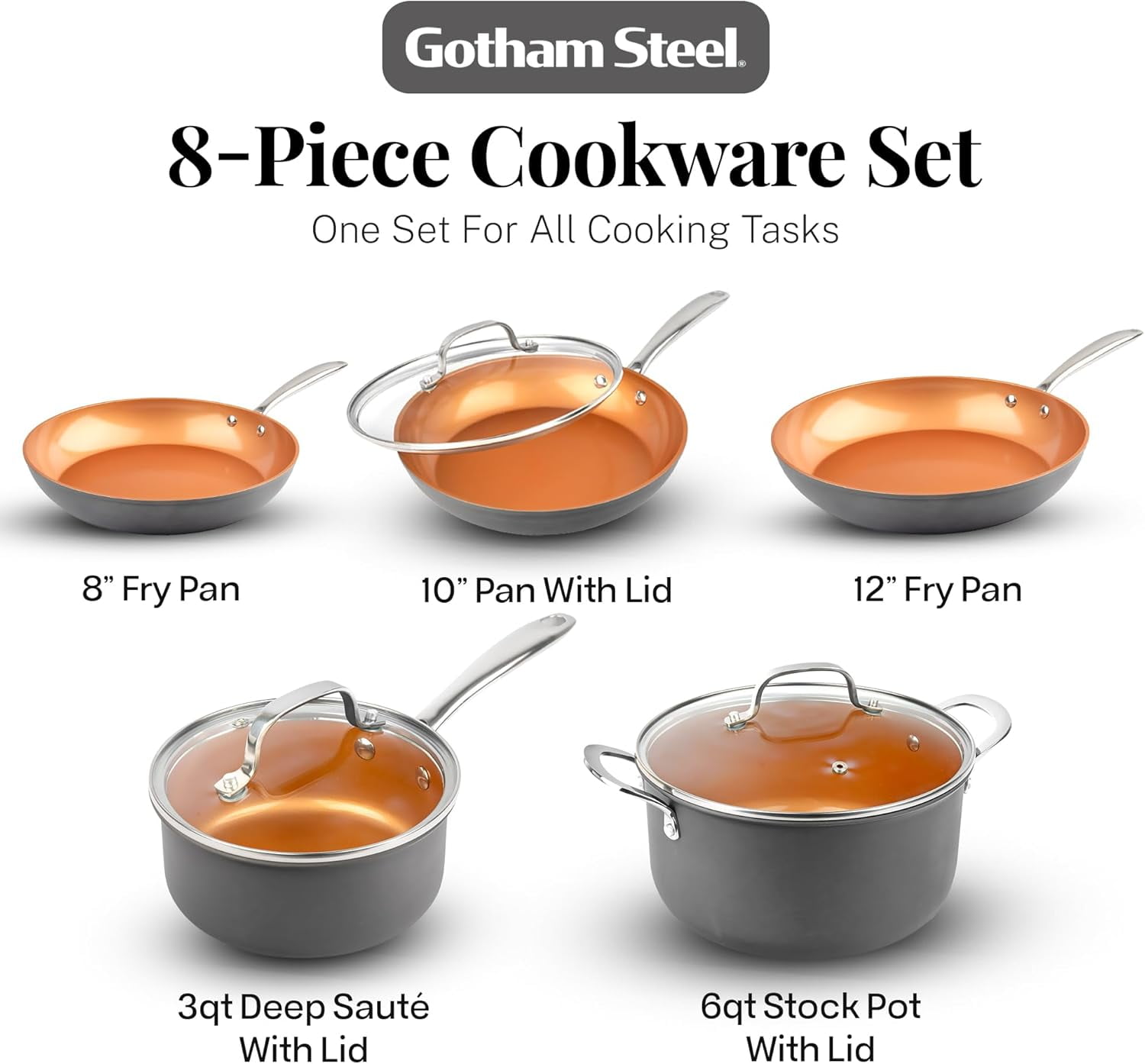 Gotham Steel Pro 8 Pc Nonstick Pots and Pans set Non Stick, Hard Anodized Ceramic Cookware Set Nonstick with Frying Skillet, Saucepan, Oven & Dishwasher Safe, Copper