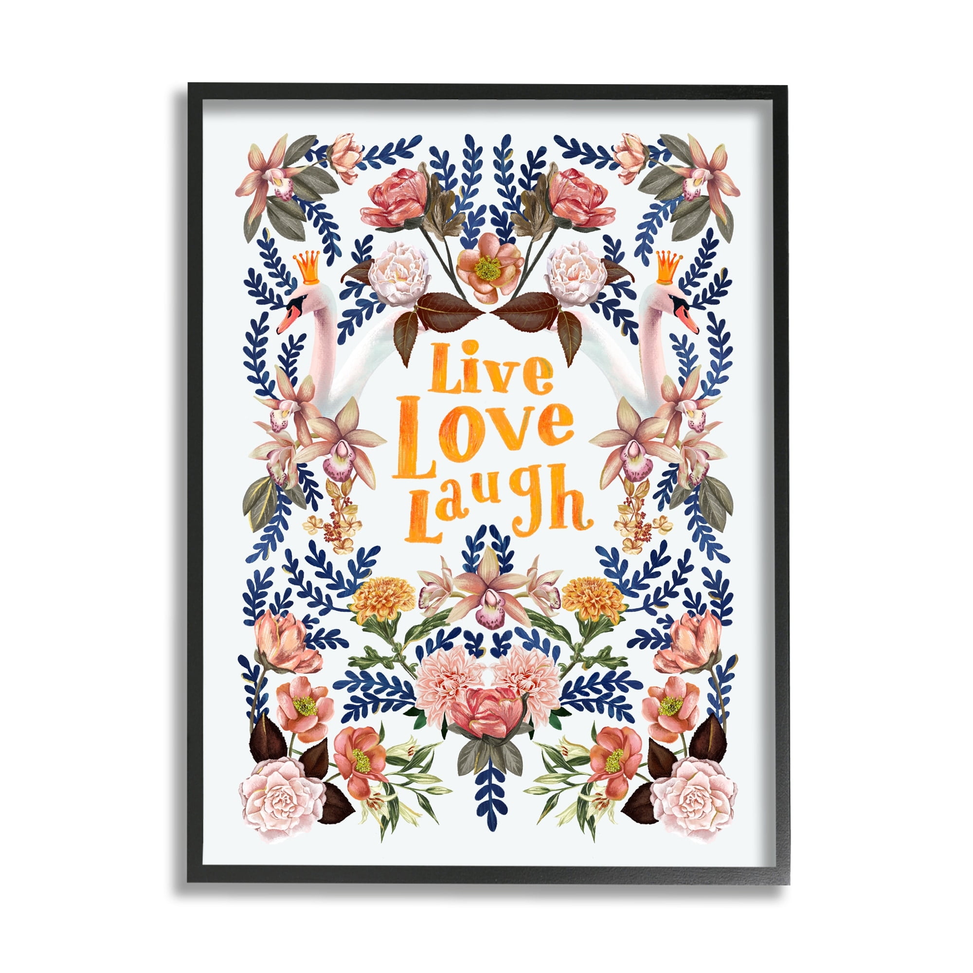 Stupell Industries Live Love Laugh Floral Crowned Swans Botanical Trim Graphic Art Gray Framed Art Print Wall Art, Design by Raquel Maciel
