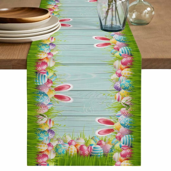 Table Runner 90 Inches Long for Kitchen Dining, Easter Dresser Scarf Farmhouse, Dining Table Decorations for Wedding/Parties, Spring Rabbit Ears Colorful Eggs Wooden Grian 13 x 90 In