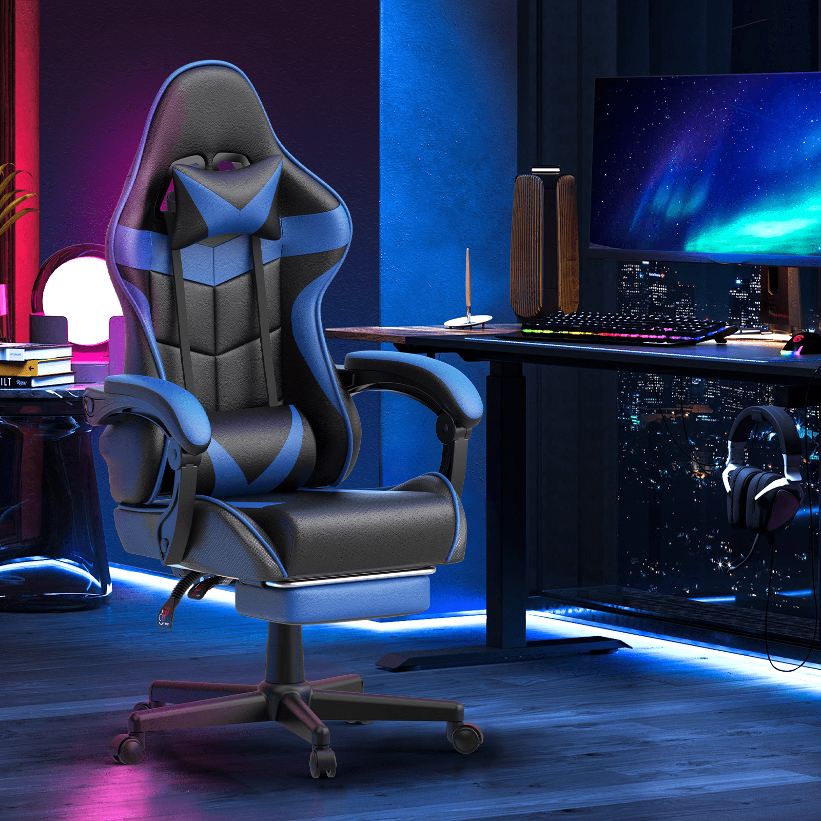 Huracan Gaming Chair with Footrest, Adjustable Height Computer Office Chair with Massage Lumbar Pillow&Headrest, Ergonomic High Back Leather Gamer Game Desk Chair for Adults,Blue