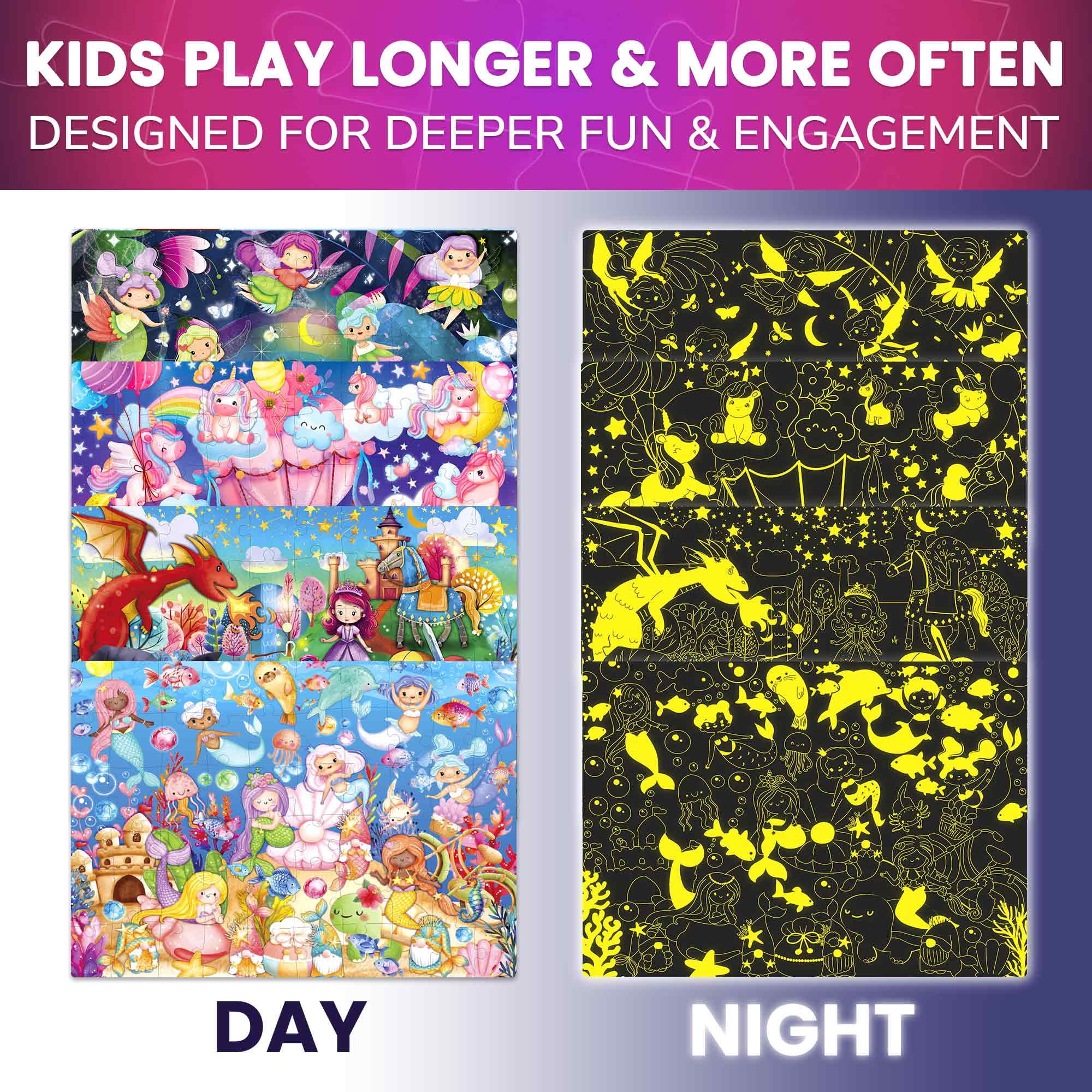 QUOKKA Glow-in-the-Dark Jigsaw Puzzles – 4 Set 60-Piece - Fairy Tale Heroes Puzzle for Kids Ages 3-8