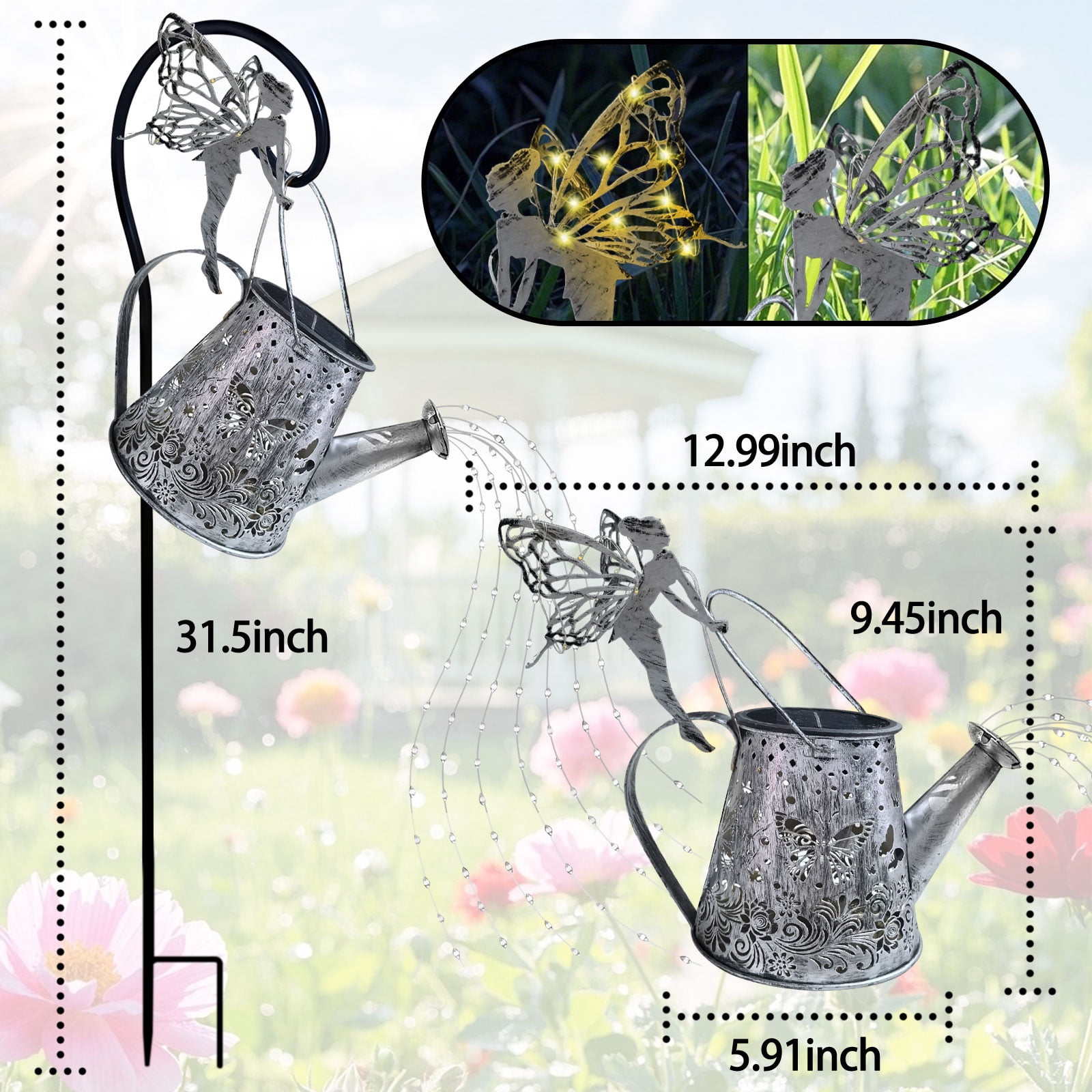 Solar Fairy Watering Can Lights, Butterfly Decorative Hanging Solar Lantern Lights with Hook, Waterproof Garden Lights for Outdoor Patio Yards Pathway Courtyards