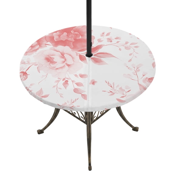 Round Outdoor Tablecloth with Umbrella Hole and Zipper, Pink Floral Art Fitted Table Cover with Elastic Edge for 31-35 Inch, Watercolor Botanical Spring Flowers Waterproof Patio Tablecoths for Picnic