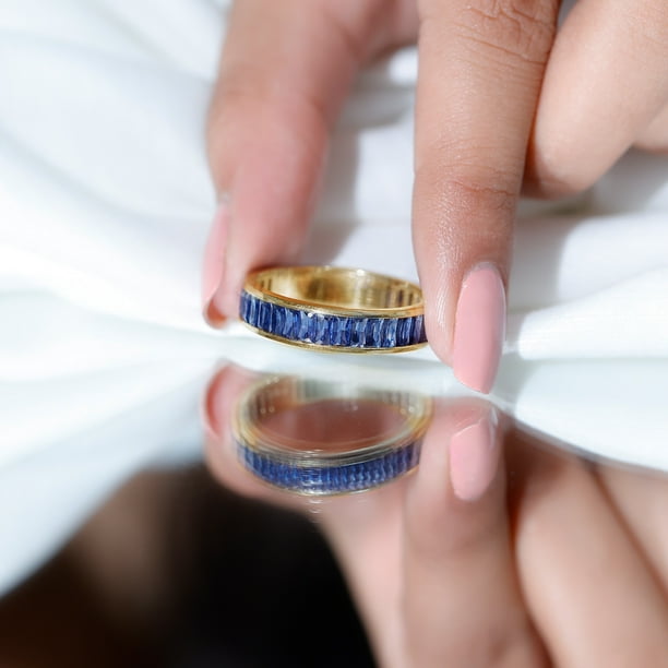 Baguette Shape Lab Grown Blue Sapphire Eternity Band Ring AAAA Quality 18K Yellow Gold US 10.50