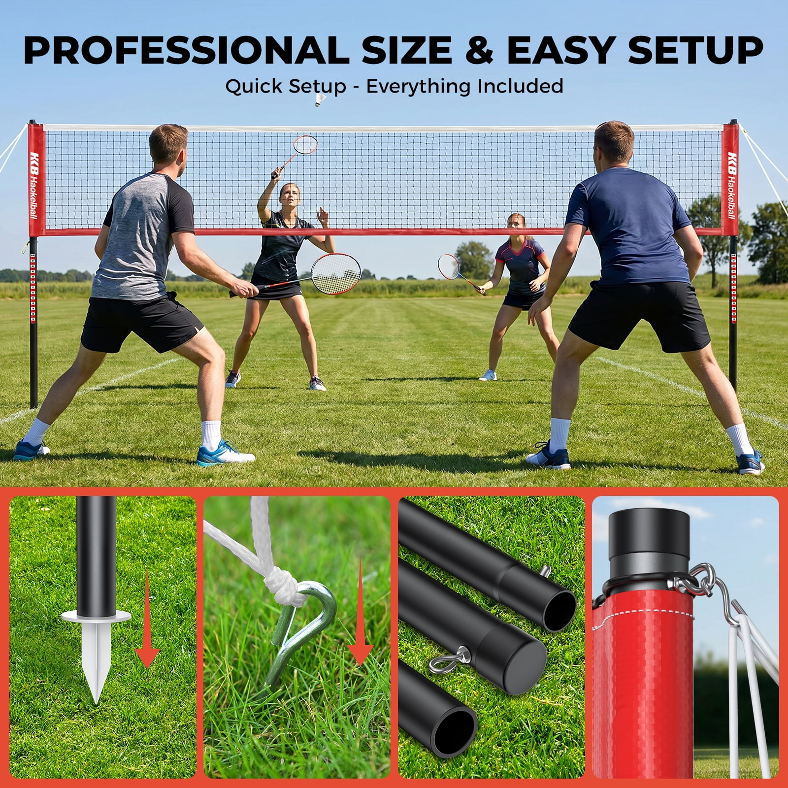 Haokelball Badminton Net Set for Backyard – 20FT Portable Outdoor Game Set with Stable Tension System, Poles, Rackets, Shuttlecocks & Carry Bag