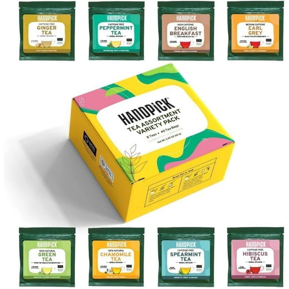 HANDPICK Assorted Tea Variety Pack Gift Set (8 Flavors, 40 Tea Bags) | Non GMO