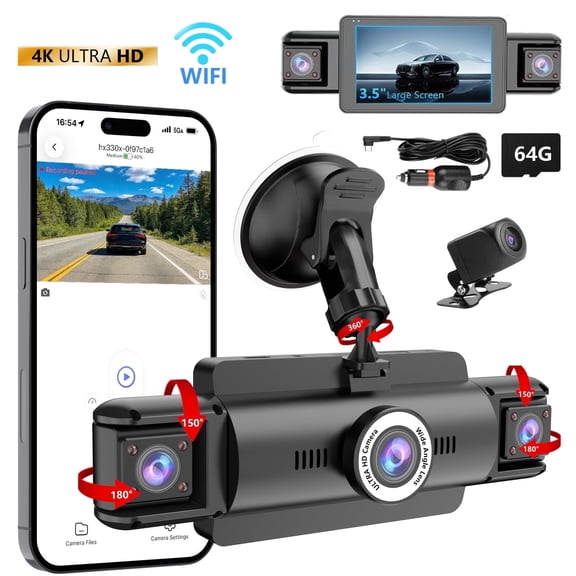 4 Channel Dash Cam,4K 360 Full View Front Rear Left Right Car Camera, 2.4GHz WiFi App, Night Vision, G-Sensor, Loop Recording, 64GB Card