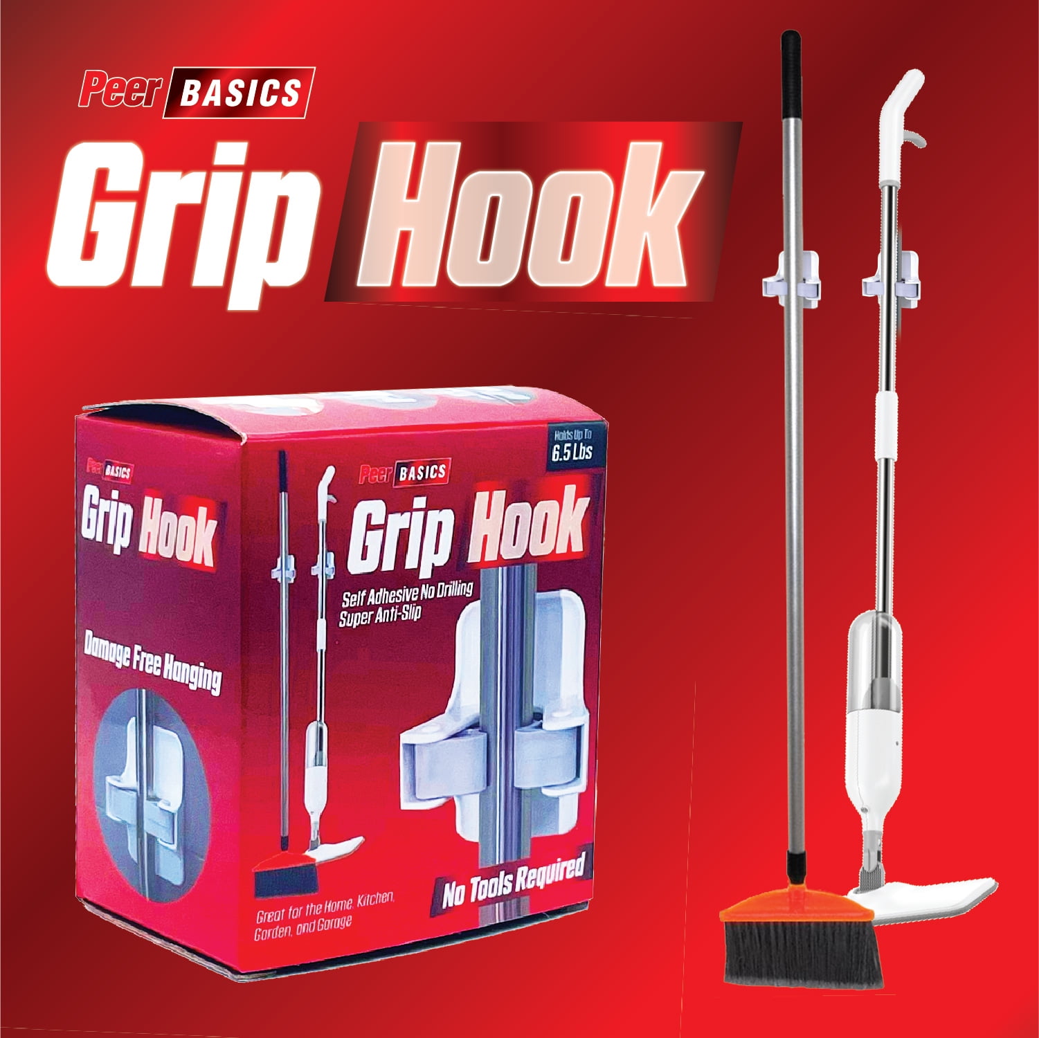 PeerBasics, Grip Hook, 6.5lb Capacity, Plastic, One Size, White, Adhesive Sticker Included