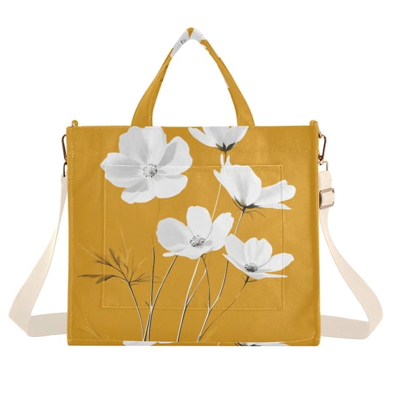 FORMRS Womens Corduroy Tote Bag Crossbody Shoulder Handbag with Pocket, White Flowers