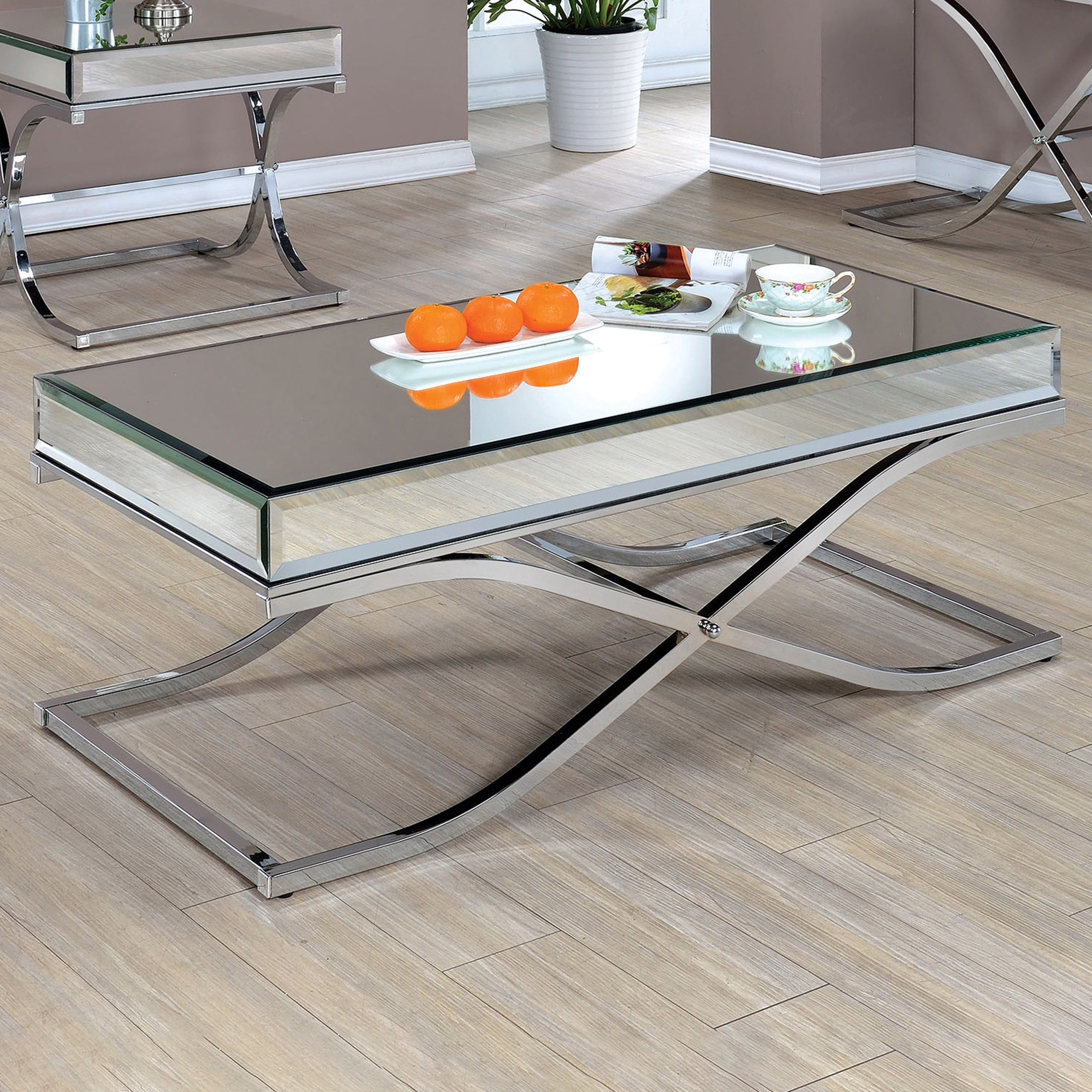 Furniture of America Monna Metal X-Cross Leg Coffee Table, Chrome