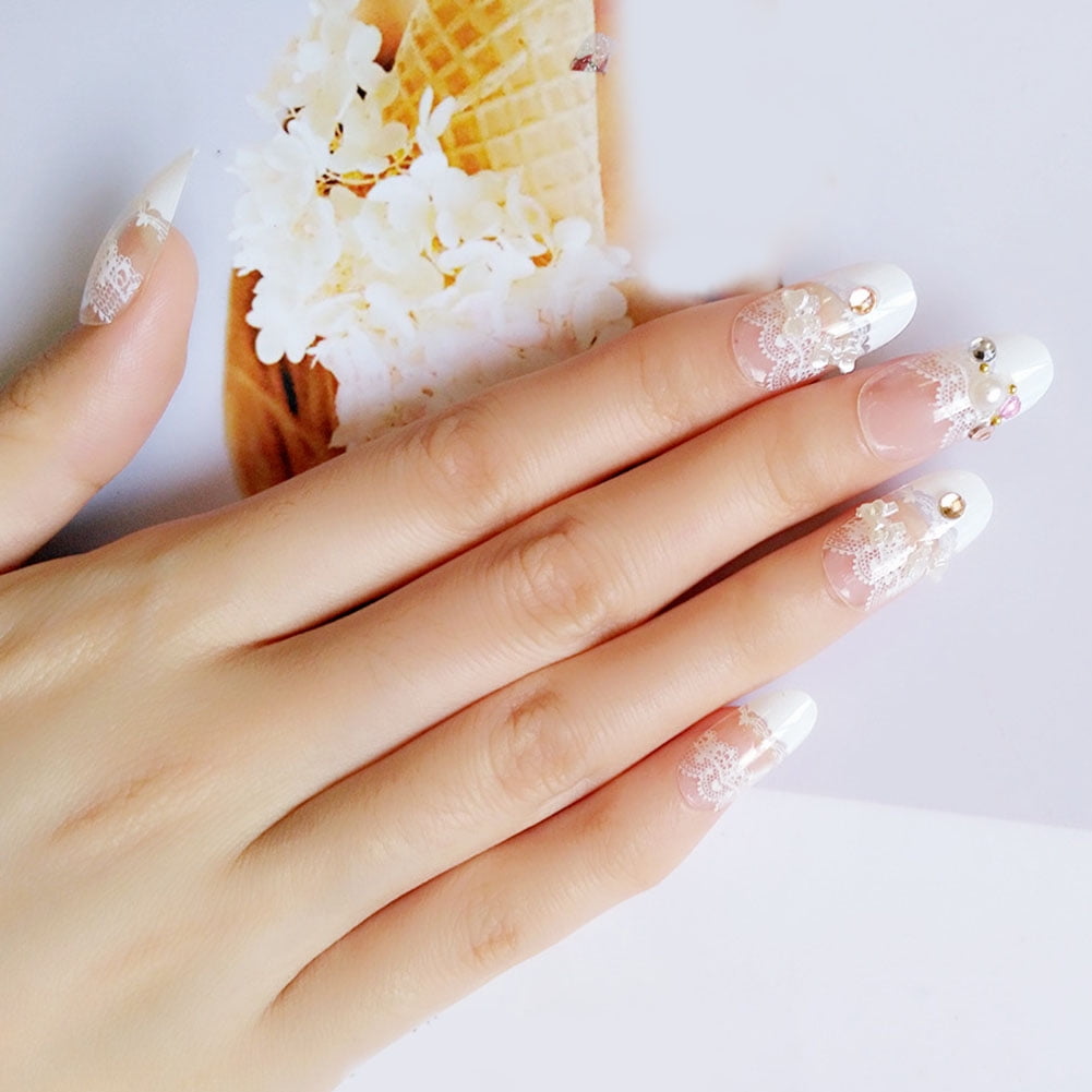 24 Pcs/Set Women Lady 3D False Nails With Glue Transparent Lace