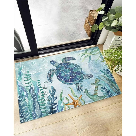Shag Bath Rugs Blue Sea Turtle Summer Ocean Plush Soft Fluffy Doormat Floor Carpet,Non-Slip Living Room Bedroom Kitchen Entryway Door Mats Nautical Anchor Coral Starfish