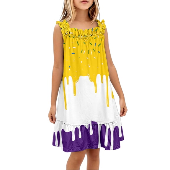 Girls Ice Cream Print Sleeveless Dress, Casual A-Line Sundress for Kids 5-14 Years