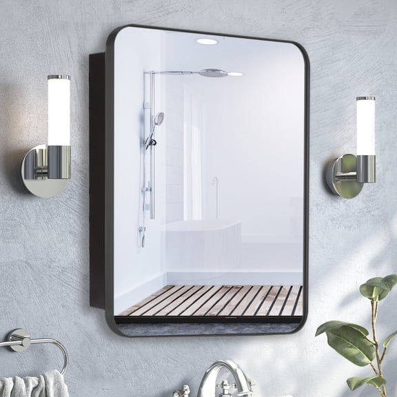 FUMANGO 20x26 Inch Black Metal Frame Wall Mounted Recessed Bathroom Medicine Cabinet with Mirror, Rounded Rectangular Medicine Cabinet
