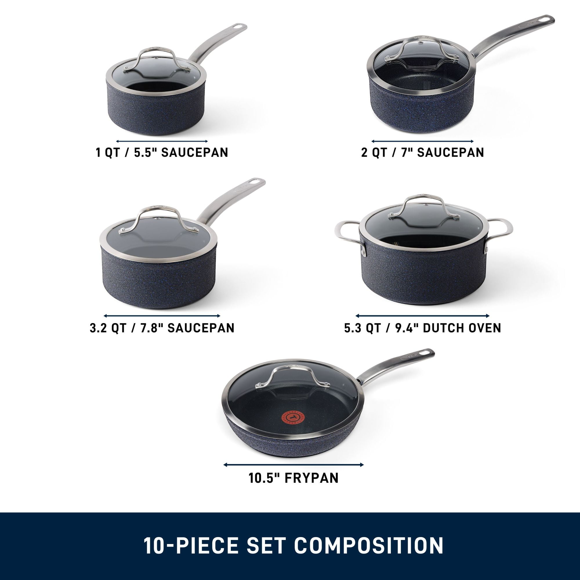 T-fal Stone Shield 10-piece Cookware set with DefenseShield™ Technology, 6-multilayer construction, robust stone texture, dishwasher and oven-safe
