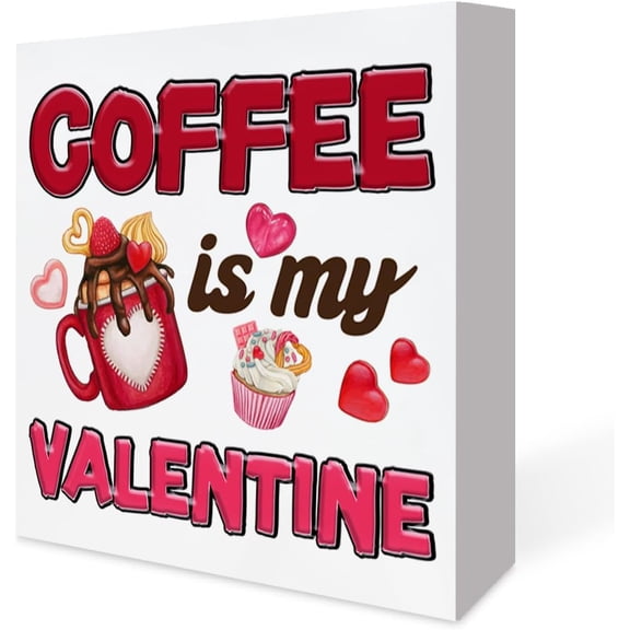 5x5 IN Pink Coffee Decor,Coffee Is My Valentine Sign,Valentine's Day Wood Sign,Valentine's Day Home Decorations, Wooden Box Sign Desk Decor for Tabletop Shelf Wall