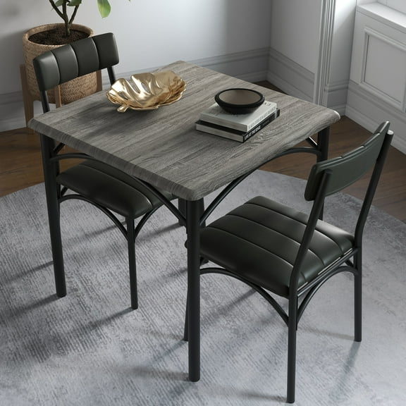 3 Piece Square Dining Room 2 Upholstered Chairs, Kitchen Table Set for Small Space, Apartment, Retro Gray