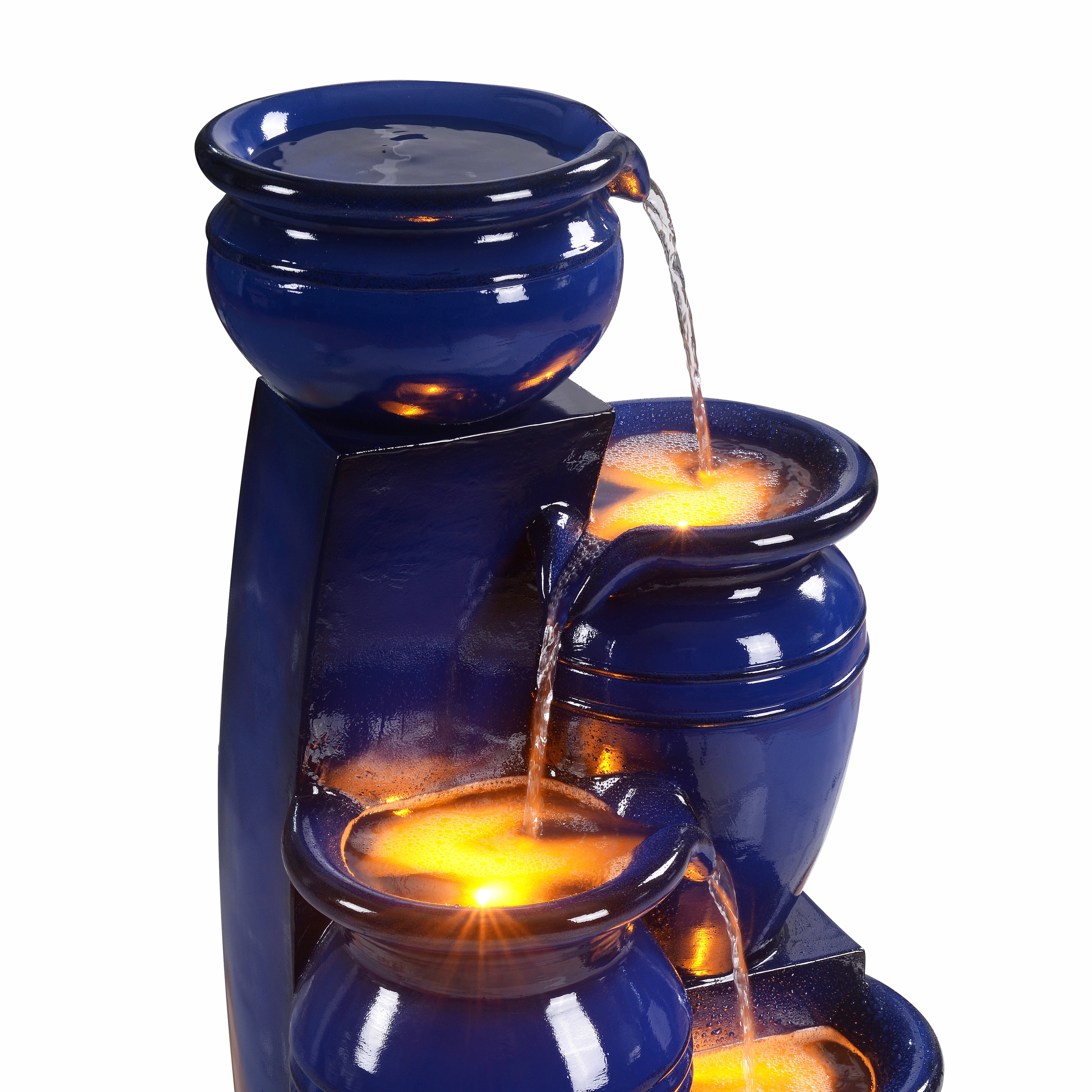 Teamson Home 4-Tier Outdoor Cascading Bowl Solar Powered Water Fountain with LED Lights, Navy