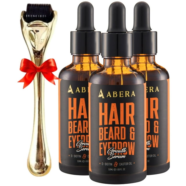 Abera Sérum de Croissance Capillaire - Traitement de Repousse Naturelle pour les Cheveux et la Barbe avec Biotine et Huile de Ricin, Combo Économique (3 Sérums + Cadeau)