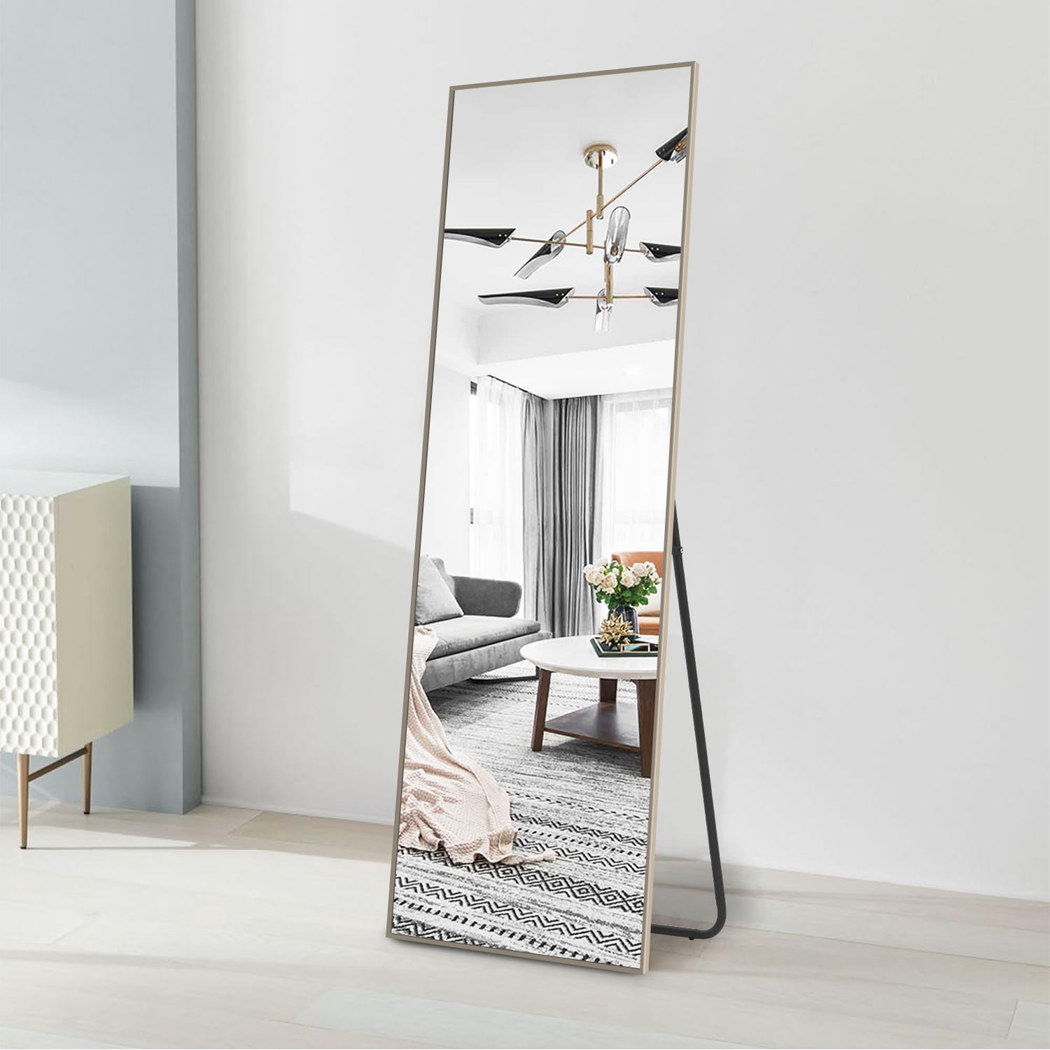 65"x22" Modern Aluminum Alloy Frame Rectangle Floor Mirror Full Length Mirror,Beige