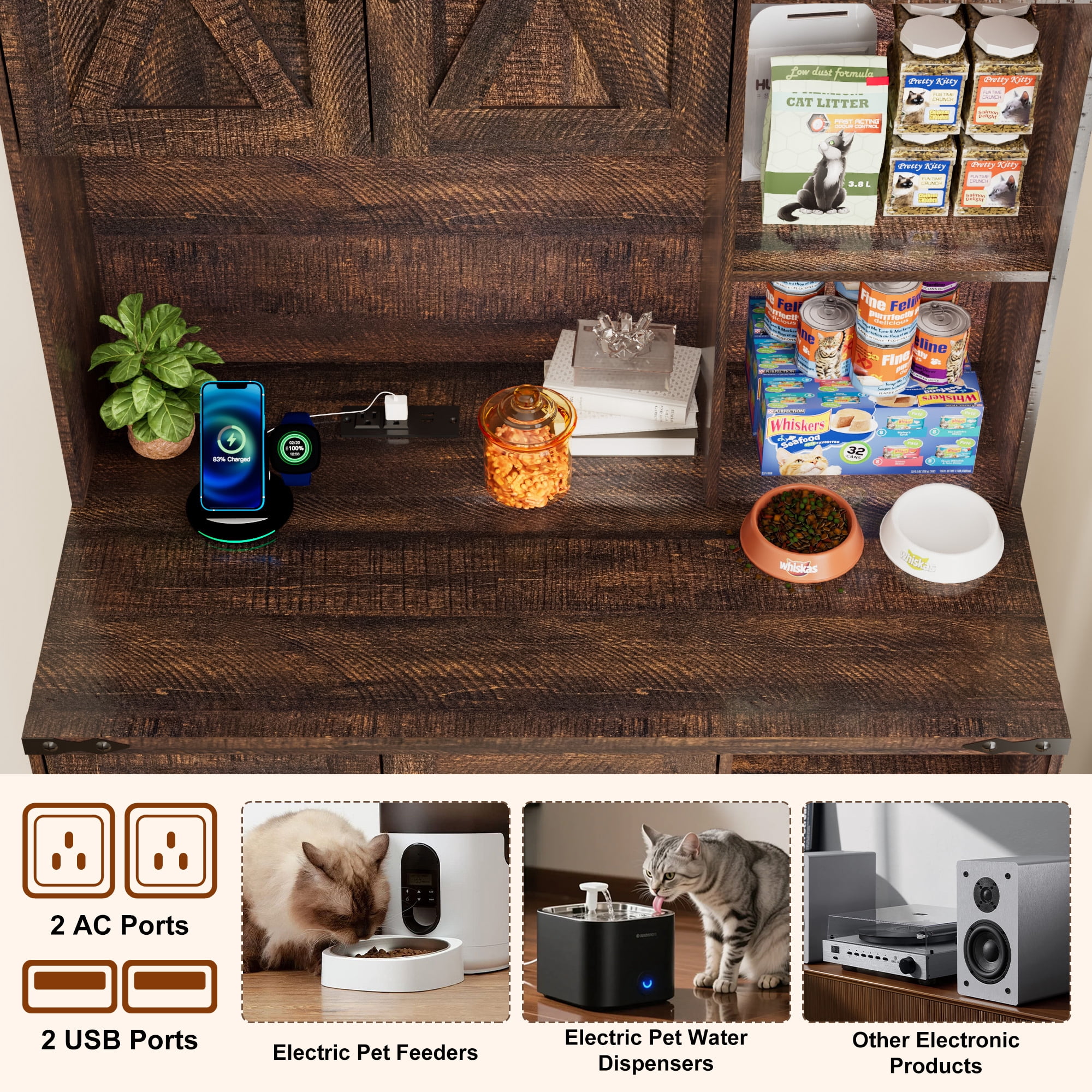 Blotout 71" Tall Farmhouse Cat Litter Box Enclosure W/Open Shelves & Doors, Wooden Cat Litter Box Furniture for Self-Cleaning Litter Boxes, Large Hidden Litter Box Furniture W/ Power Outlets, Locks