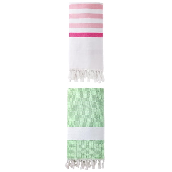 Unique Bargains 2 Pack Turkish Striped Tassel Trim Beach Towels Pink/Green 71"x40"
