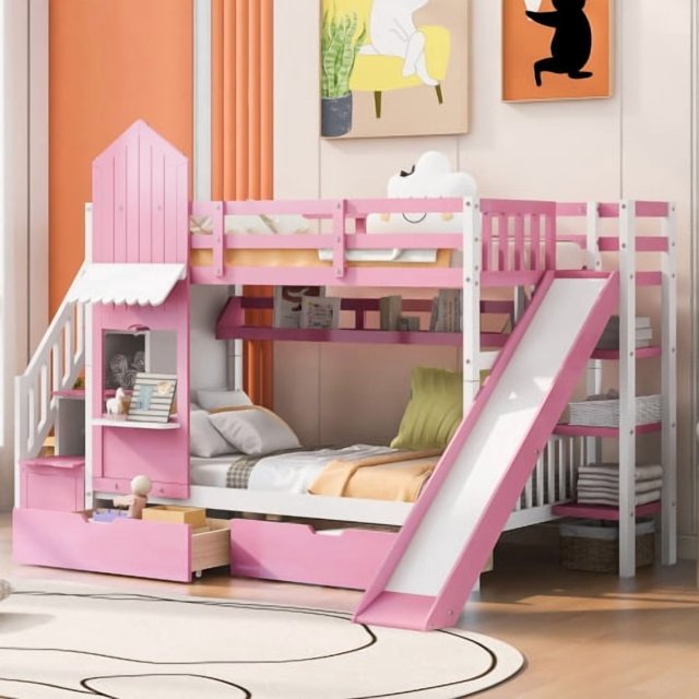 Cama de tipo castillo con estilo gemelo sobre gemelo, 2 cajones, 3 estantes y deslizador - Rosa
