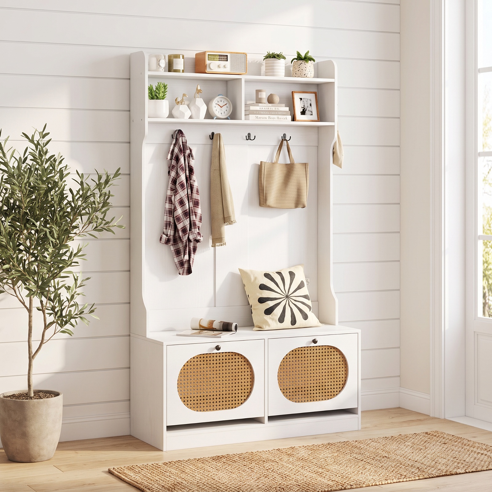Furnibear 4 in 1 Entryway Hall Tree with Coat Rack and Flip Drawers and Storage Bench for Mudroom and Foyer and Hallway, White