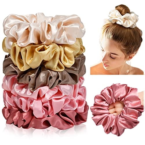 Large Silk Satin Scrunchies for Women - Big Jumbo Hair Ties for Thick Curly Hair - Pack of 6 (Pink, Champagne, Ivory, Gold)