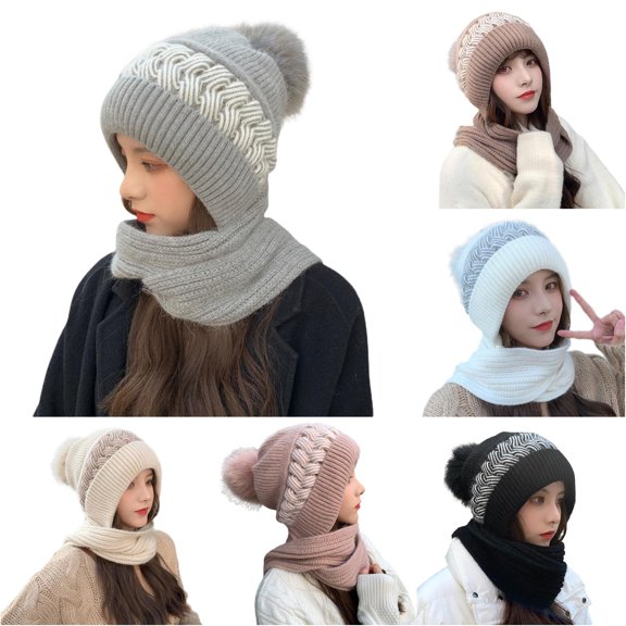 HNMKIU Women Solid Integrated Ear Windproof Hat Scarf Hooded Knitted Winter 2 In 1 Outdoor Warm Headwear Set Grey - One Size