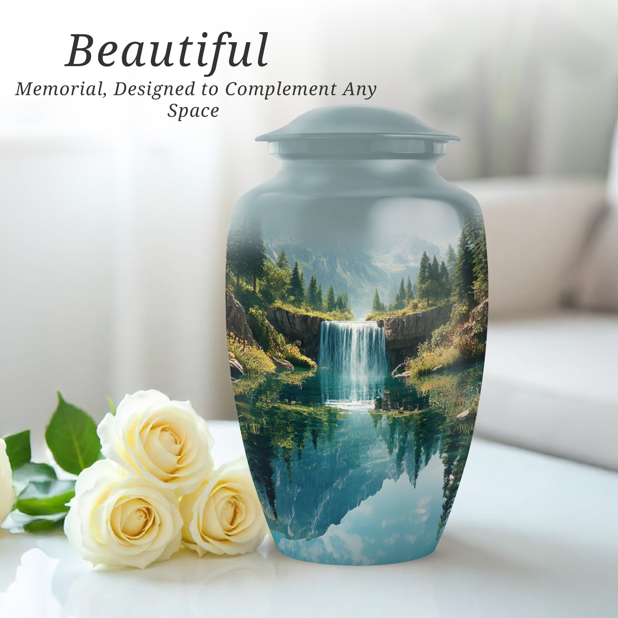 Waterfall Large Decorative Urns For Human Ashes Women, Cremation Urns For Adult Ashes, Blue Urn For Mom And Dad, Funeral Urn For Adults Male And Female, 10 Inch