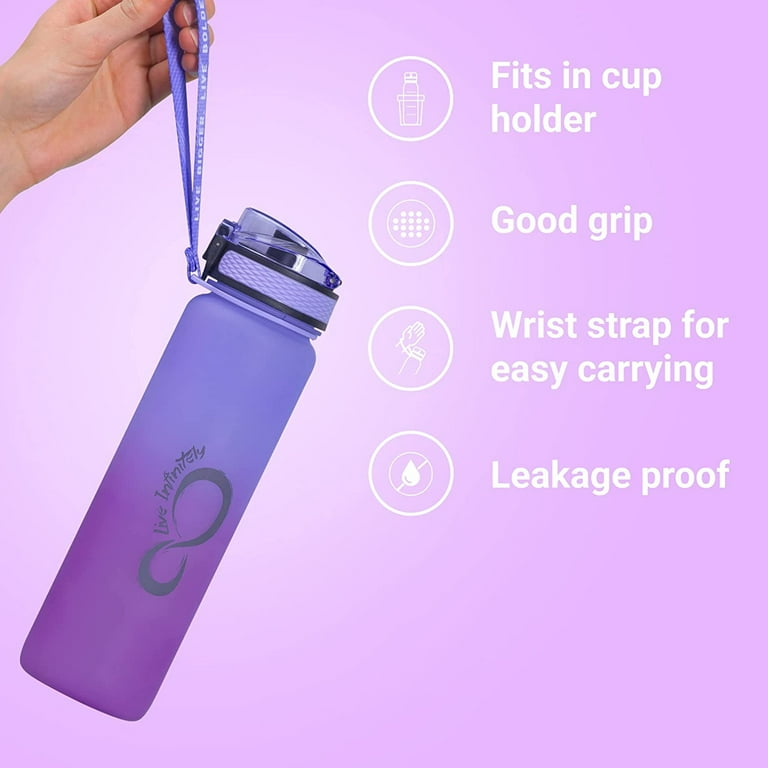 Live Infinitely Gym Water Bottle with Time Marker Fruit Infuser and Shaker  34 Oz Amethyst 