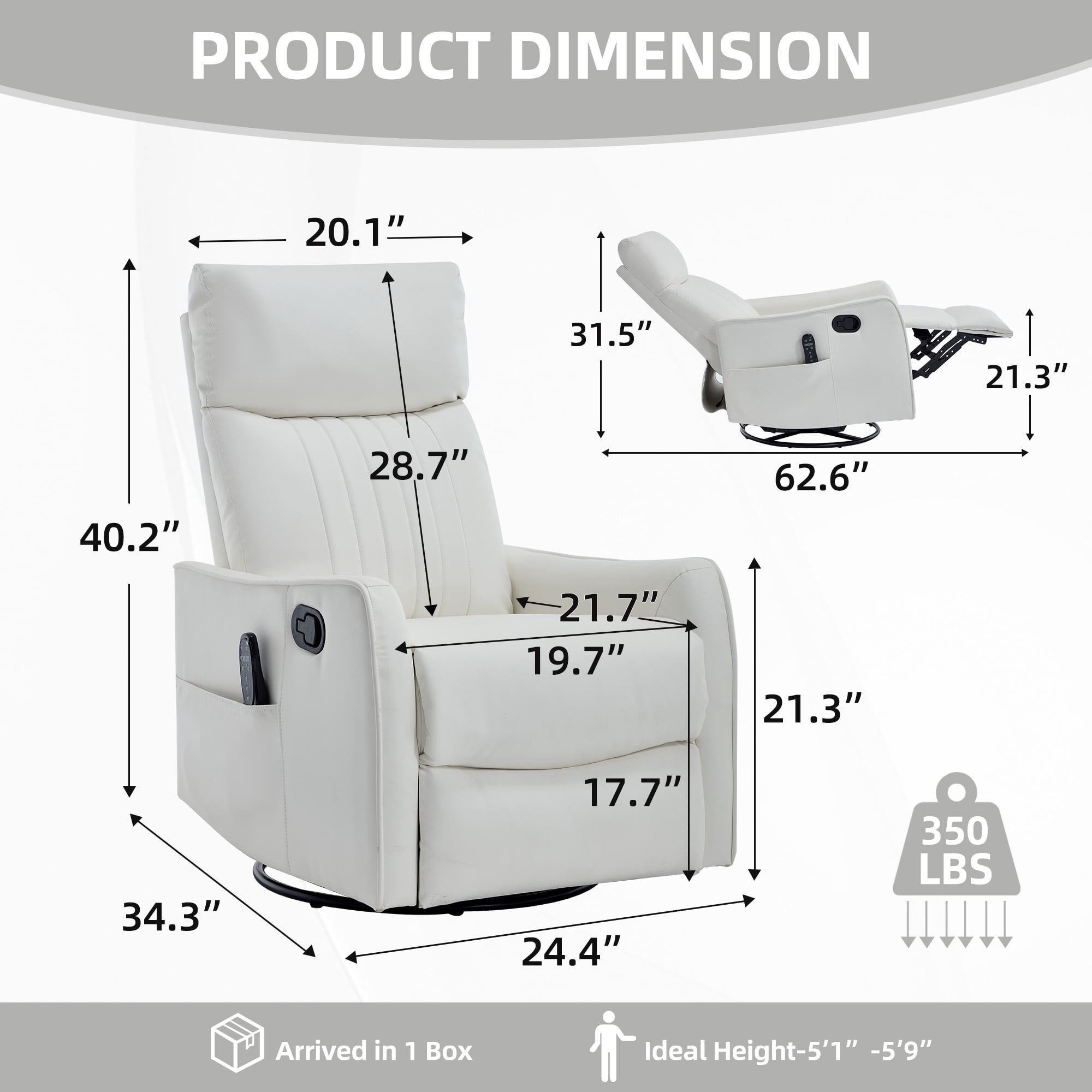 Gewnee Manual Recliner with 360°Swivel Rocker,8-Point Massage Recliner Chair with Heating,Comfy Single Sofa with Side Pockets for Living Room,Bedroom.White PU