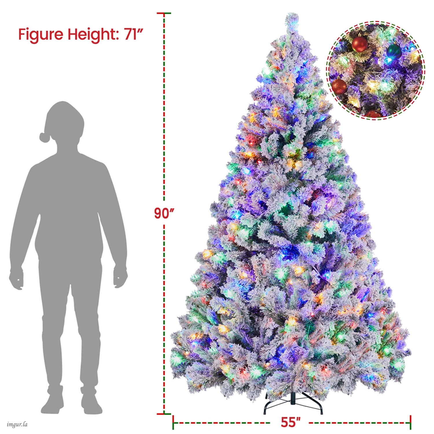 Alden Design 7.5FT Artificial Hinged Fir Pre-lit Flocked Christmas Tree with Foldable Stand and LED Lights,Green & White
