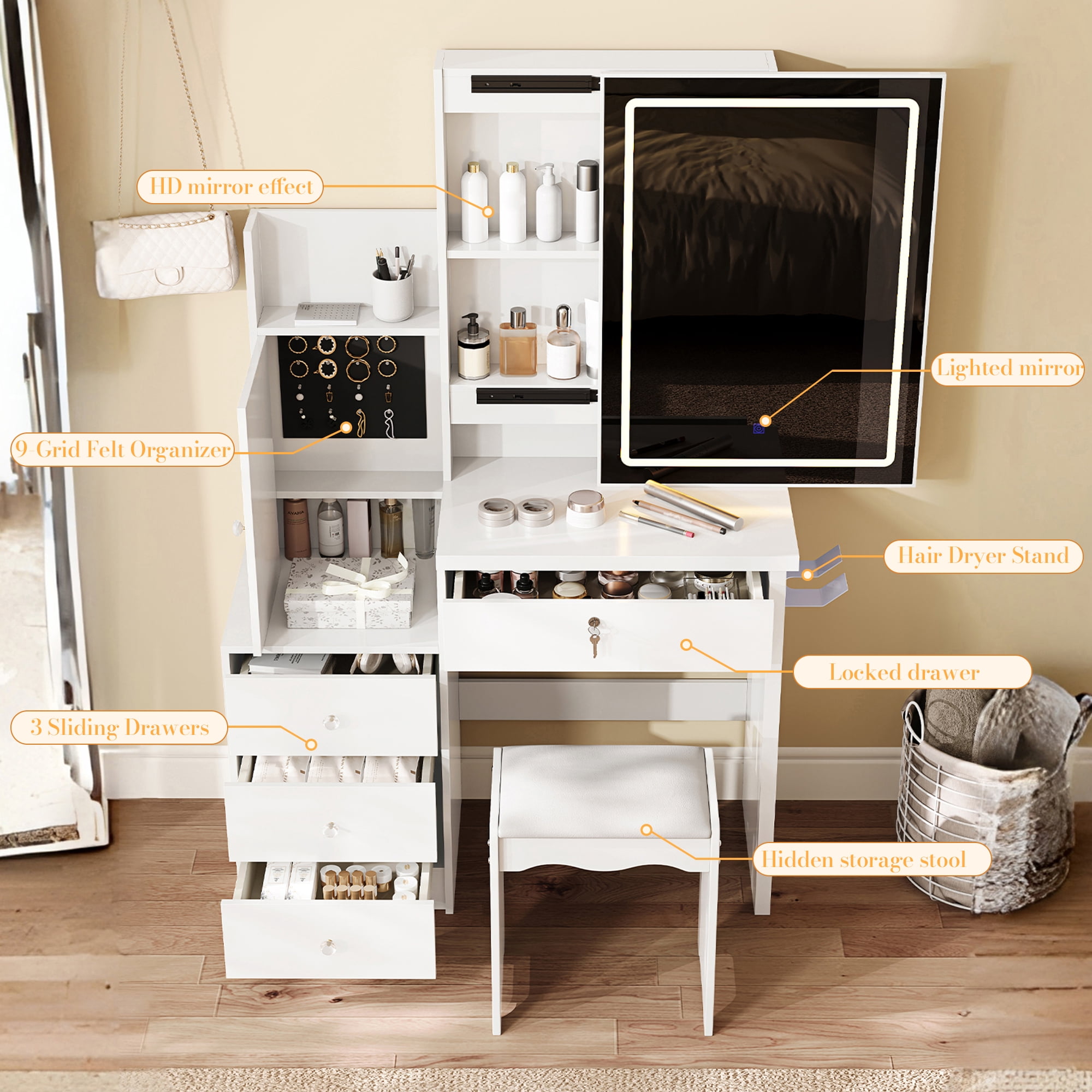 Vanity Desk Set with Sliding Lighted Mirror, Makeup Dressing Table with 4 Drawers & 9 Storage Spaces, Hidden Compartments and Cushioned Stool, White Beauty Furniture for Bedroom