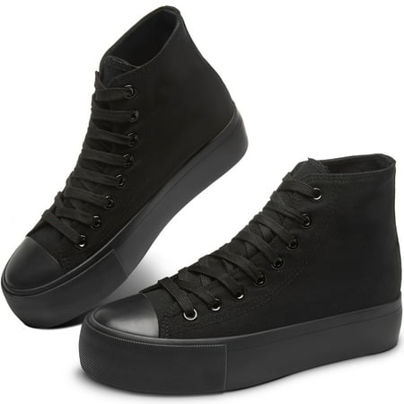 

Obtaom Women’s Platform High Top Canvas Shoes Comfy Platform Hi Top Canvas Fashion Sneakers For women Cute Mid Calf Canvas Thick Sole Walking Shoes(All Black US6)